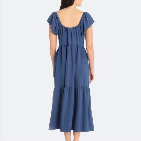 Maggy London Blue Ruffle Sleeve Scoop Neck Tiered Easy Shirtdress Midi Size 8 - Picture 2 of 16